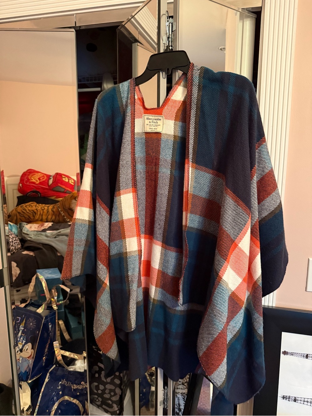 Abercrombie & Fitch Plaid Knit Poncho in Navy, Rust, Light Blue, White